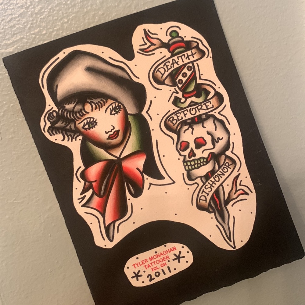 ORIGINAL Tattoo Art Death Before Dishonor Skull Lady Artwork by Tyler Monaghan